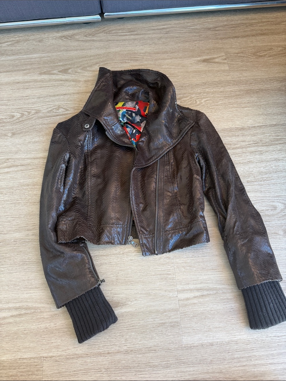Alice + Olivia Dark Brown Cropped Leather Jacket